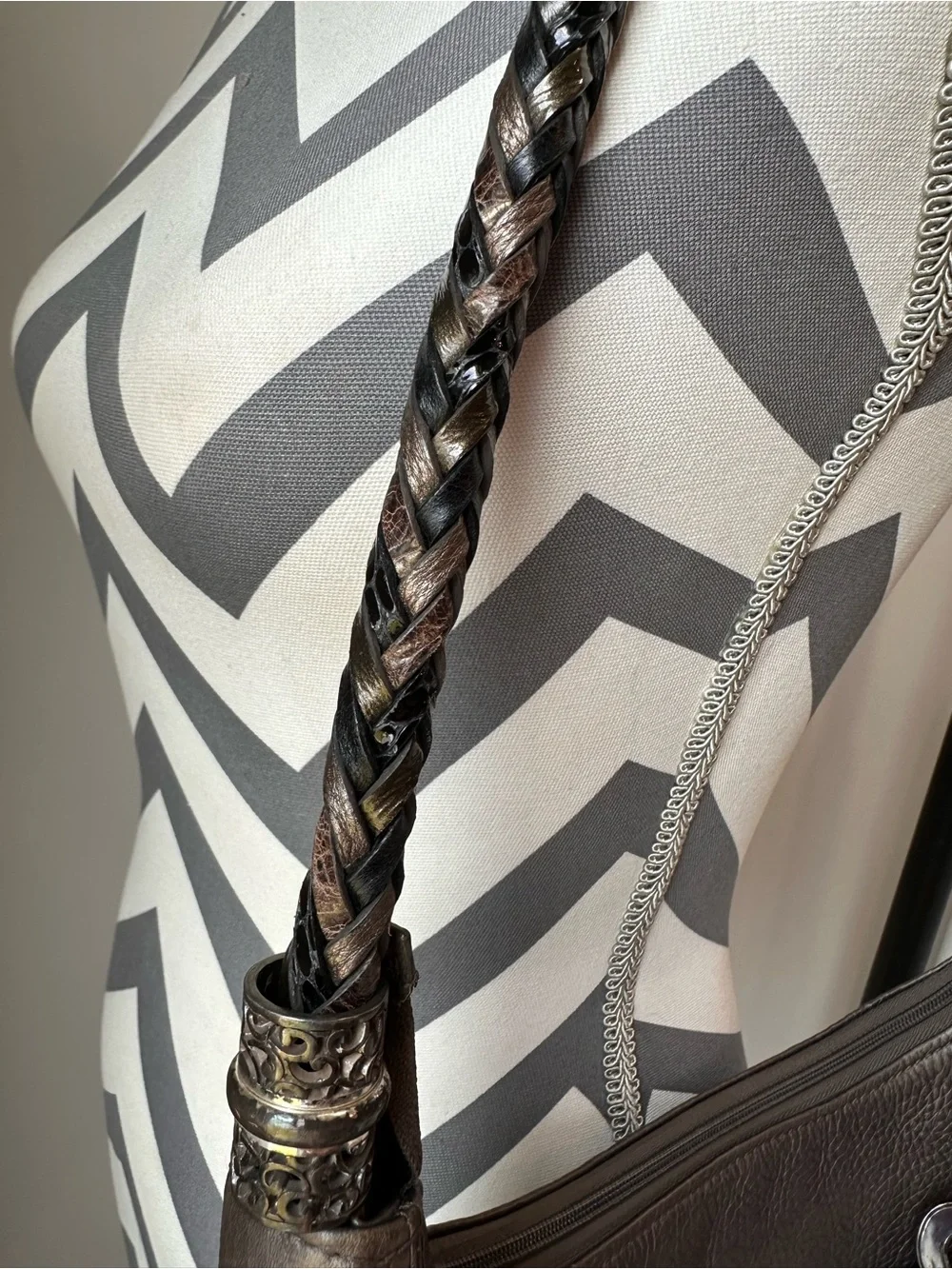Brighton Pewter Metallic Grey Leather Barbados Ziptop Hobo Shoulder Bag Tassel